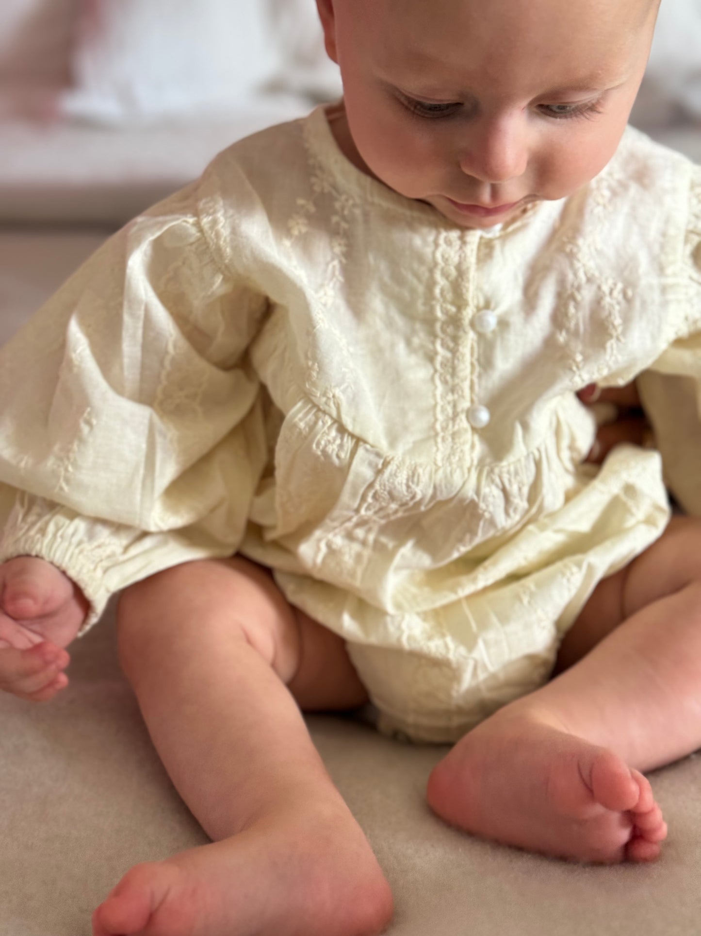 Pearl Embroidered Romper - Cream