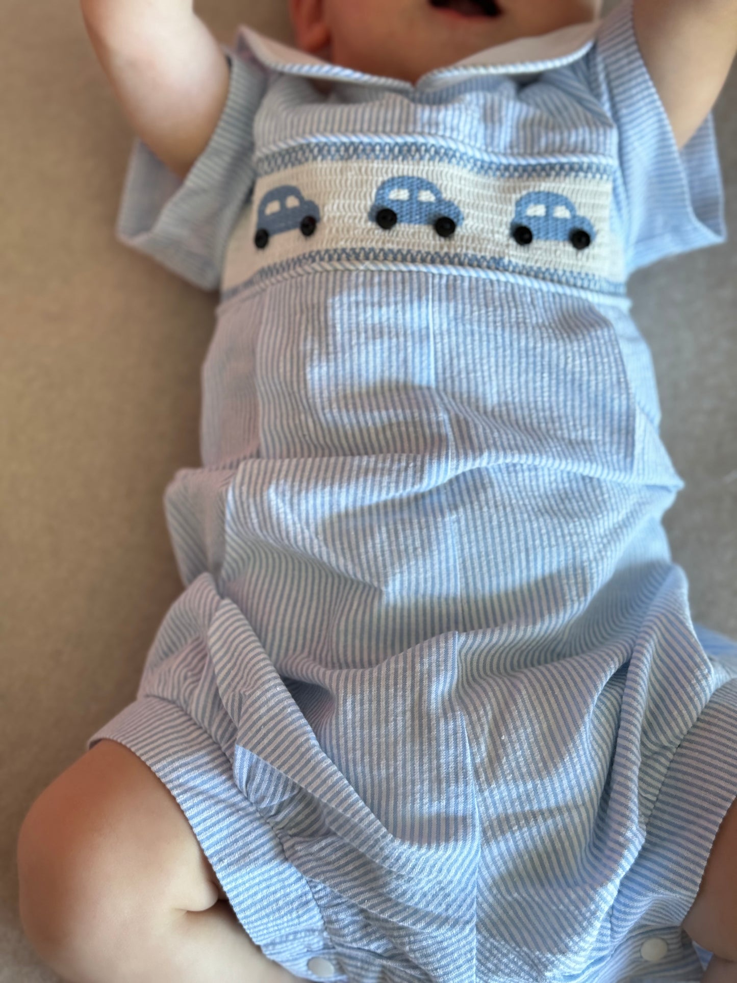 Henry Little Blue Car Smocked Romper - Blue Stripe