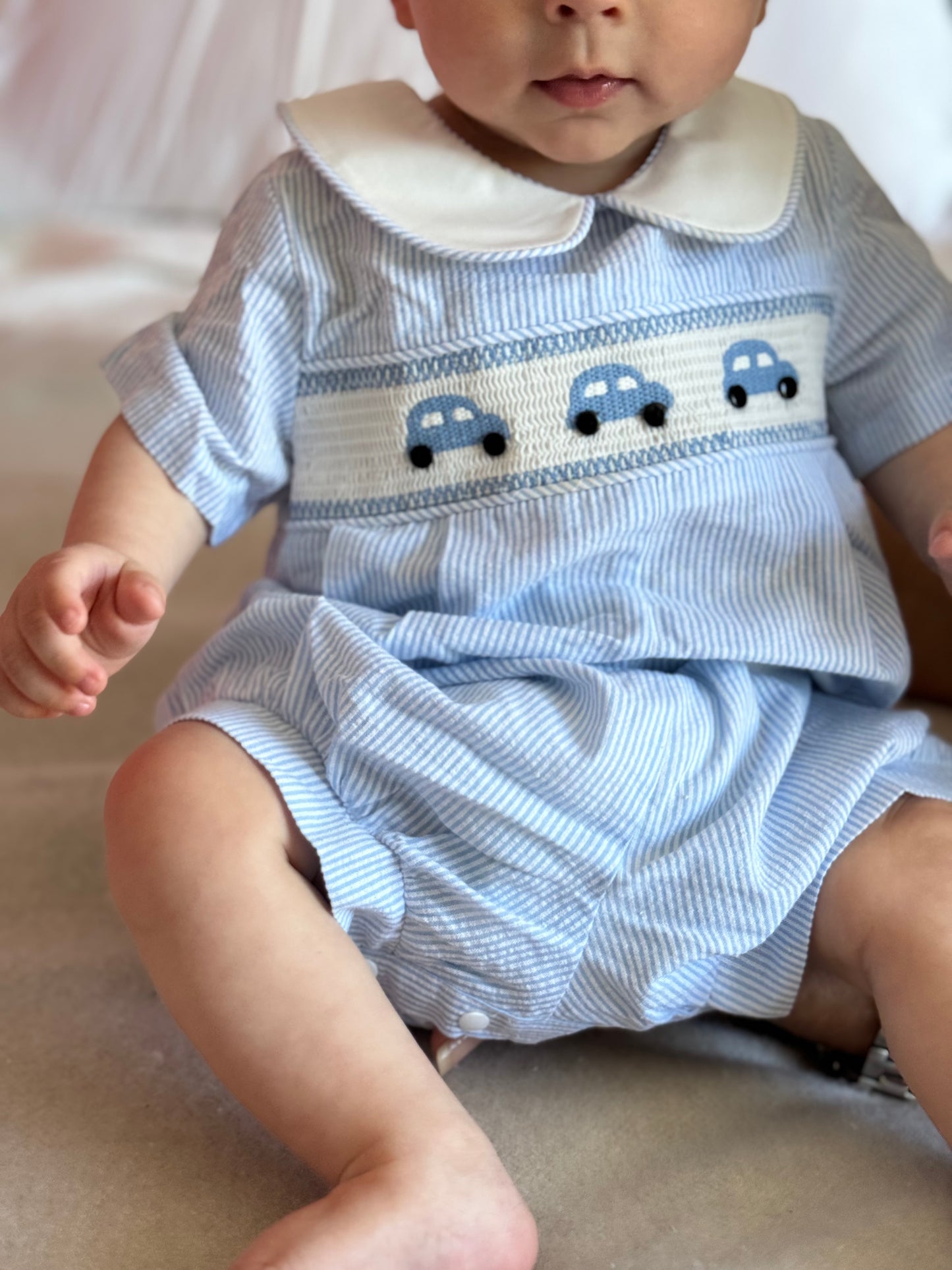 Henry Little Blue Car Smocked Romper - Blue Stripe