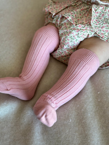 Cotton Rib Knee High Socks - White, Blue or Pink