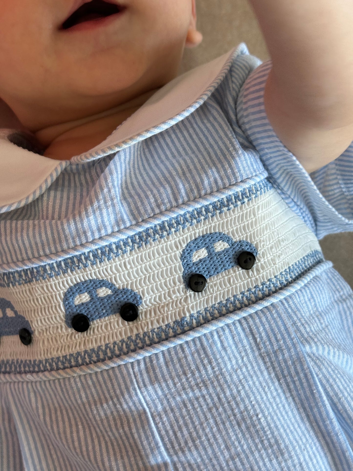 Henry Little Blue Car Smocked Romper - Blue Stripe