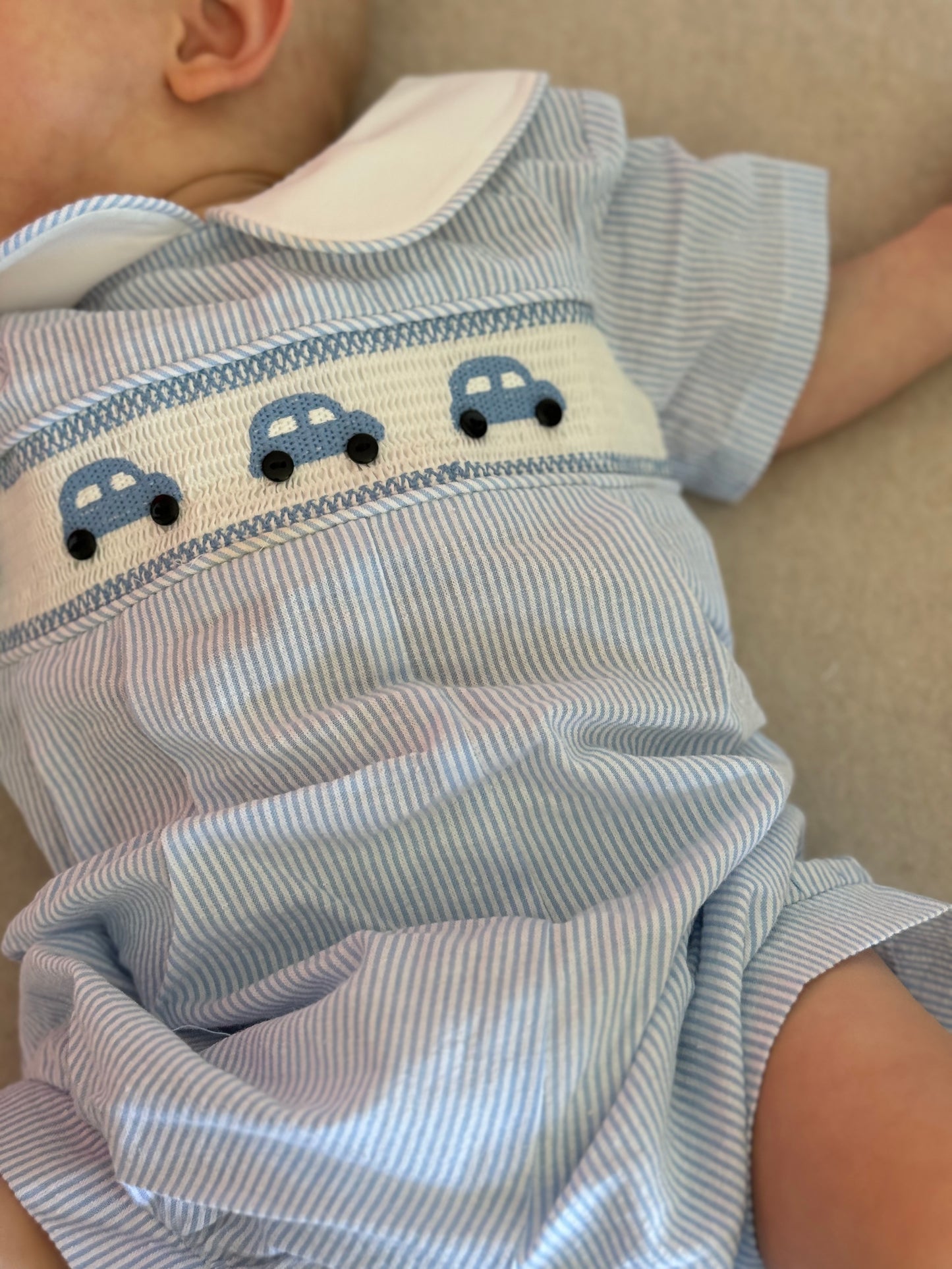 Henry Little Blue Car Smocked Romper - Blue Stripe