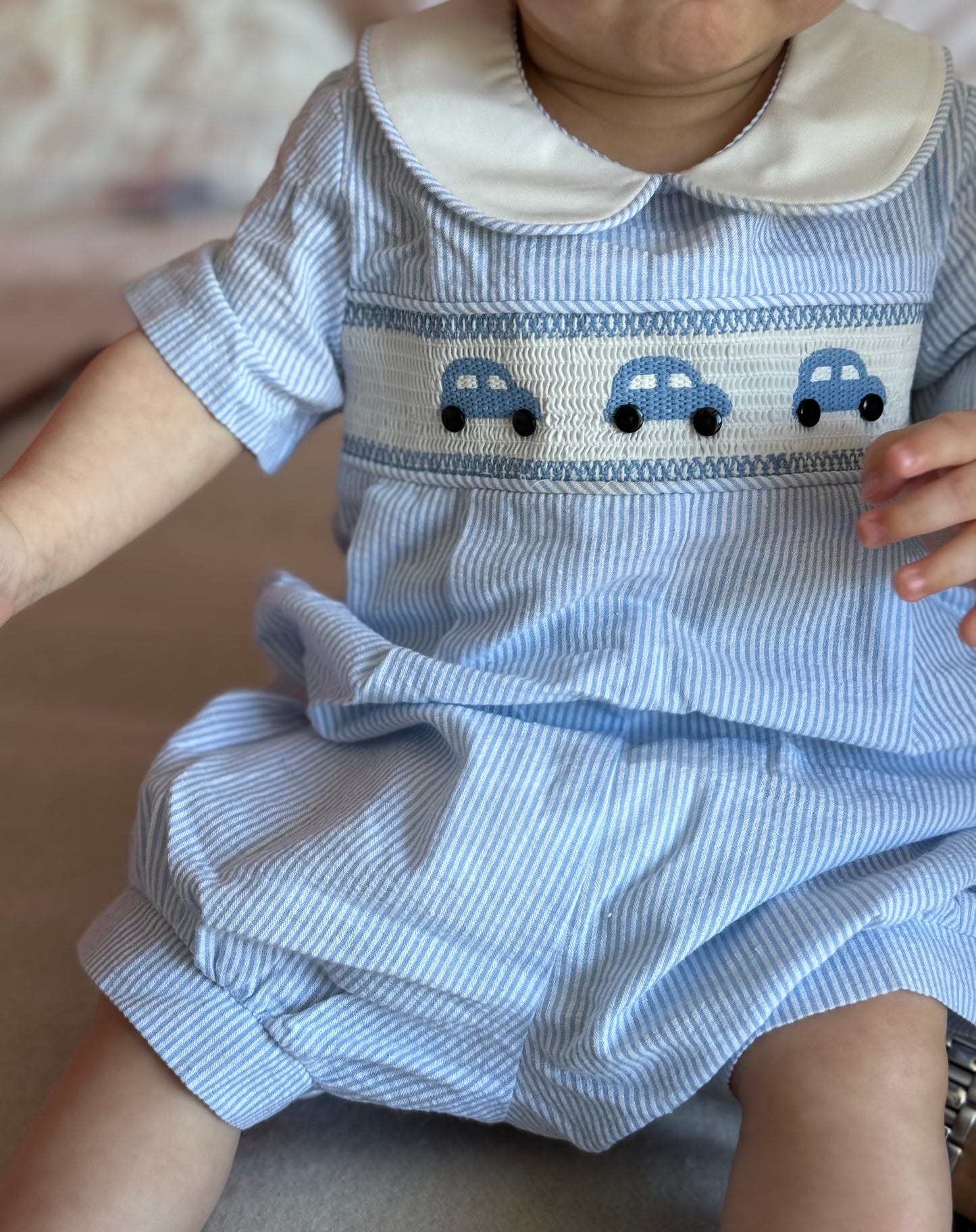 Henry Little Blue Car Smocked Romper - Blue Stripe