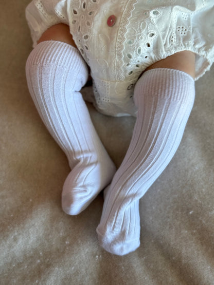 Cotton Rib Knee High Socks - White, Blue or Pink