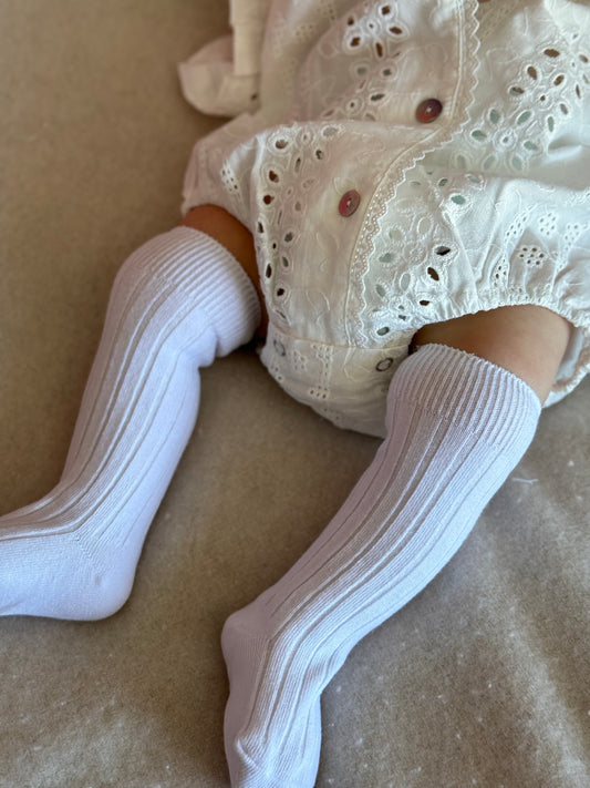 Cotton Rib Knee High Socks - White, Blue or Pink